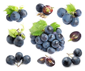 Set of fresh ripe grapes on white background