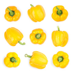 Set of fresh yellow bell peppers on white background, top view