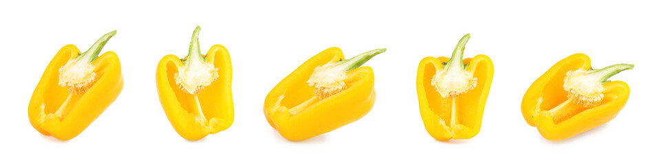 Fototapeta na wymiar Set of fresh yellow bell peppers on white background