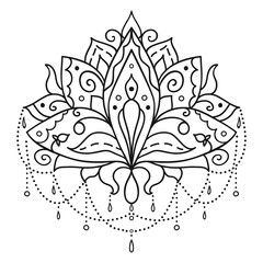 Ethnic art, the ornamental lotus flower. Hand drawn element, patterned Indian paisley.