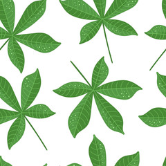 Cassava leaves on white background. Tapioca. Vector seamless pattern