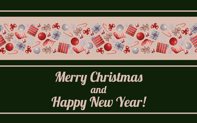 seamless pattern christmas and new year elements on dark green background. stylish design for banner, poster or greeting card, invitation, paper