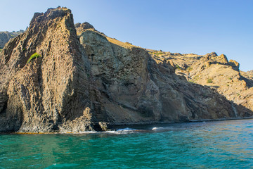 Kara-Dag mountains, view of the rocks from the sea, Crimea, Russia.