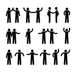 gestures of people icons, stick figure pictogram man, isolated human silhouettes waving hands