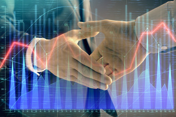 Fototapeta na wymiar Multi exposure of forex graph on abstract background with two businessmen handshake. Concept of success on stock market
