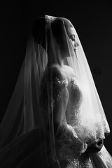 Happy beautiful bride posing under veil closeup near window in sunlight. Fashion, beauty, style....