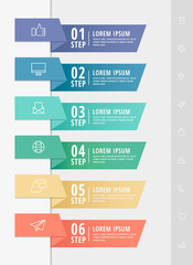 Vector infographic flat template arrows for six diagrams, graph, presentation. Business concept with 6 rectangles. For content, flowchart, step for step, timeline, web, marketing, data visualization