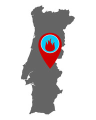 Fototapeta na wymiar Karte von Portugal und Pin mit Feuerwarnung