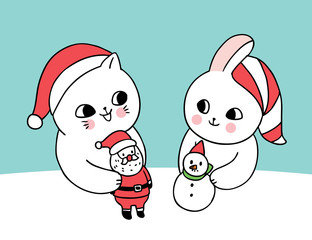 Cartoon cute Christmas cat and rabbit playing christmas dolls vector.