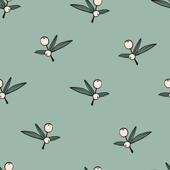 Berry branch seamless pattern. Texture with sketch hand drawn berries on green. Modern and original textile, wrapping paper, wall art design. Floral simple minimalistic graphic design. Outline vector