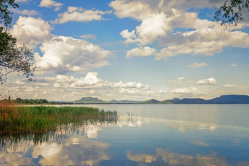 Nice water landscape, lake Balaton in Hungary with volcanoes