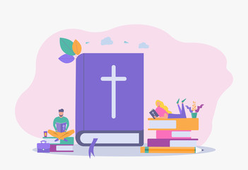 Christian people read the Holy Bible and learn about the Word of God. Jesus Christ and the Bible, a holy scripture. Colorful vector illustration