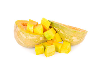 half and square cut fresh butternut pumpkin with stem on white background