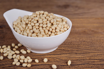 uncooked navy beans in white bowl and on wooden background