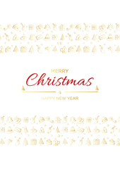 Fototapeta na wymiar Merry Christmas and happy new year vector poster or greeting card design with hand drawn doodles elements. Xmas banner with gold gradient.