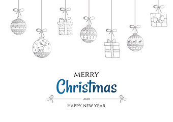 Merry Christmas and happy new year vector poster or greeting card design with hand drawn doodles elements. Present box and balls. Xmas banner with silver and blue gradient.