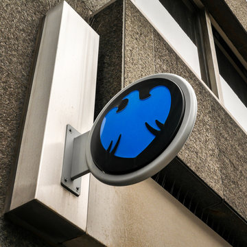 Barclays Bank Sign. Graphic Shop-front Logo Branding For The UK High Street Retail Bank, Barclays.