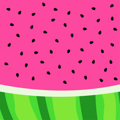 Pink watermelon background with black seeds and green rind. Vector