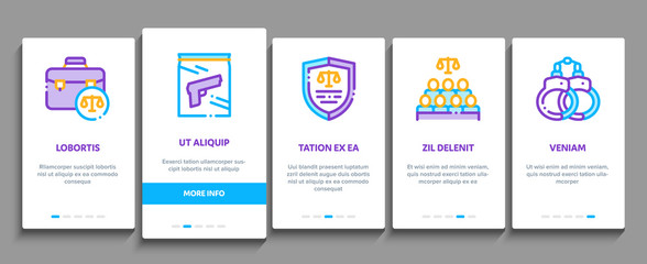 Law And Judgement Onboarding Mobile App Page Screen Vector Thin Line. Courthouse And Judge, Gun And Magnifier, Fingerprint And Suitcase, Law Document Concept Linear Pictograms. Illustrations