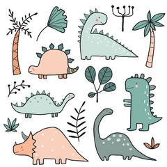 Hand drawn dinosaurs and tropical plants, palm tree, leaves © Elena