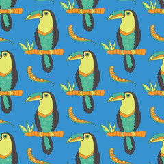 Toucan bird seamless pattern on blue background, vector