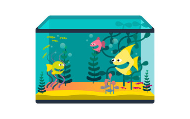 Glass aquarium with tropical fish and water plants, isolated flat vector illustration on white background
