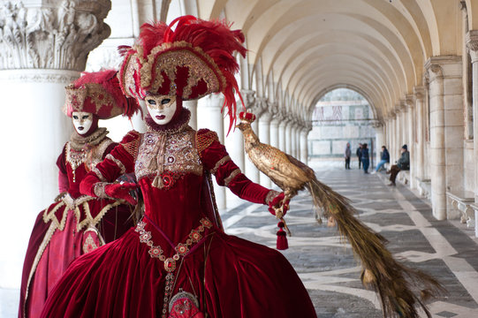 A pair of masks perform for the Venice carnival in Piazza San Marco. Italy.