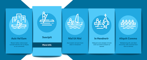 Canoeing Onboarding Mobile App Page Screen Vector Thin Line. Canoe Transportation On Car And Canoening Protection Safety Life Equipment Concept Linear Pictograms. Contour Illustrations