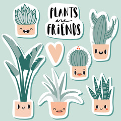 Plants are friends. Cute colorful stickers with hand drawn flower pots