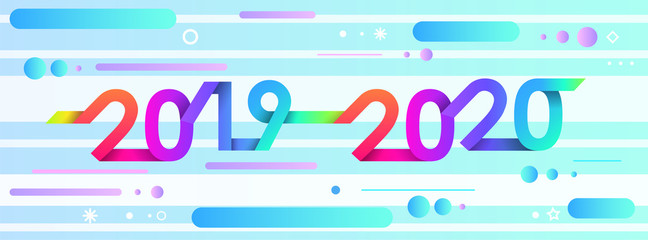 2020 Happy New Year. Paper Memphis geometric bright style for holidays flyers, greetings, invitations, Happy New Year or Merry Christmas cards. Holiday background, poster, banner. Vector Illustration.