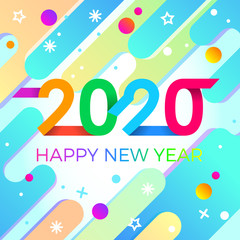 2020 Happy New Year. Paper Memphis geometric bright style for holidays flyers, greetings, invitations, Happy New Year or Merry Christmas cards. Holiday background, poster, banner. Vector Illustration.