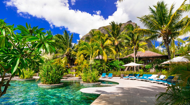 Luxury tropical holidays. Swim pool and relaxing spa territory, Mauritius island