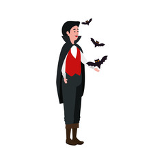 young man disguised vampire with bats flying vector illustration design