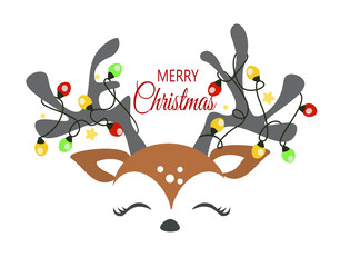Christmas reindeer face with decorative lights vector cartoon illustration.