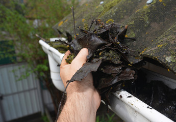  Roofer Cleaning House Rain Gutter from leaves and dirt in autumn with hands. Roof gutter cleaning Gutter Cleaning.