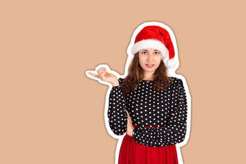 Portrait of feminine displeased gesturing with finger in no or refusal gesture. Magazine collage style with trendy color background. holiday concept