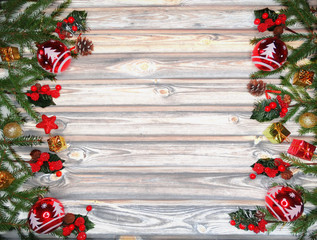 christmas decoration and garland lights on vintage wooden background