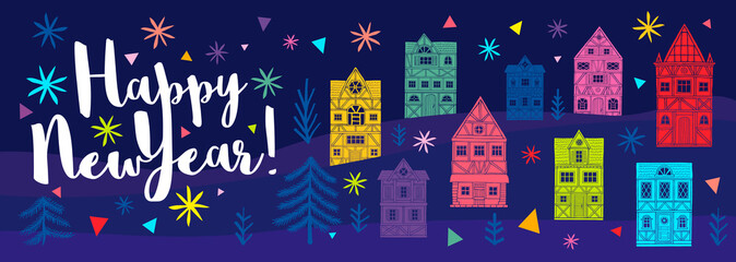 Best Wihses quote lettering greeting banner. Christmas tree colorful houses buildings facades stars. New Year city landscape design. Hand drawn vector illustration.