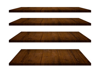 Wood shelves table top collection isolated on white background. Clipping path include in this image.