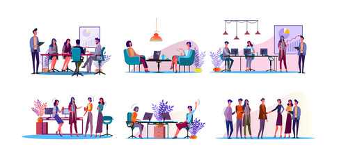 Corporate discussion illustration set. Colleagues meeting at table, discussing project at workplaces. Communication concept. Vector illustration for topics like business, partnership, teamwork