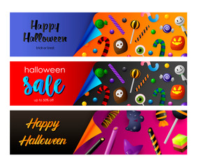 Halloween sale black, red banner set with candies. Halloween, October, trick or treat. Lettering can be used for greeting cards, invitations, announcements
