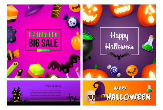 Halloween sale purple banner set with candies. Halloween, October, trick or treat. Lettering can be used for greeting cards, invitations, announcements