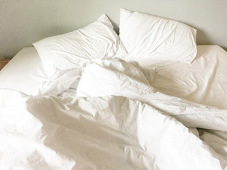White Pillow On Bed And With Wrinkle Messy Blanket In Bedroom, From Sleeping In A Long Night Winter