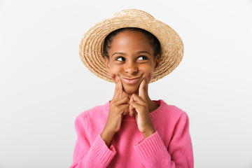 Image of amusing african american girl making smile with fingers