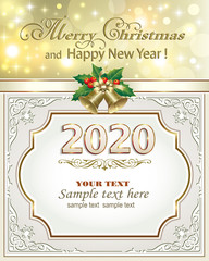Fototapeta na wymiar 2020 Christmas glowing background with ribbon and bells in frame with an ornament
