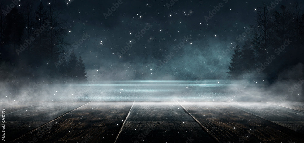 Wall mural background of empty dark scene with wooden old floor. neon light smoke. dark abstract background