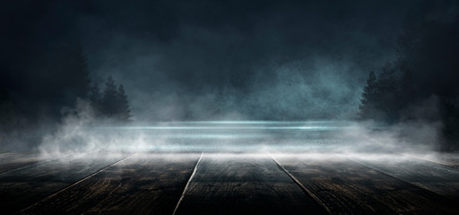 Background of empty dark scene with wooden old floor. Neon light smoke. Dark abstract background