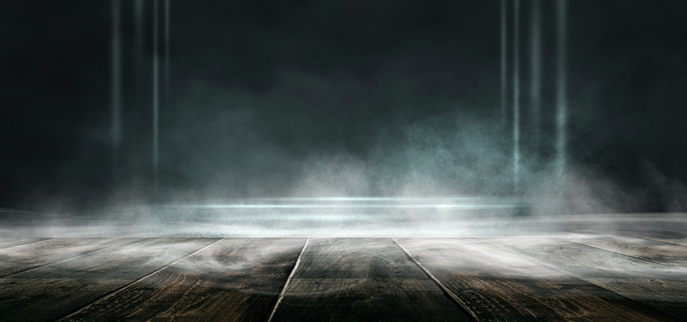 Background of empty dark scene with wooden old floor. Neon light smoke. Dark abstract background