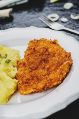 Chicken steak or schnitzel with mashed potatoes