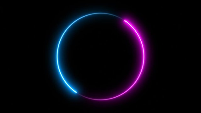 Neon Line Circle Shape Drawn on with Full Loop-Ready Rotation Plus Flashing Grid Pattern Loop. Blue and pink colored bright lines on a black background.